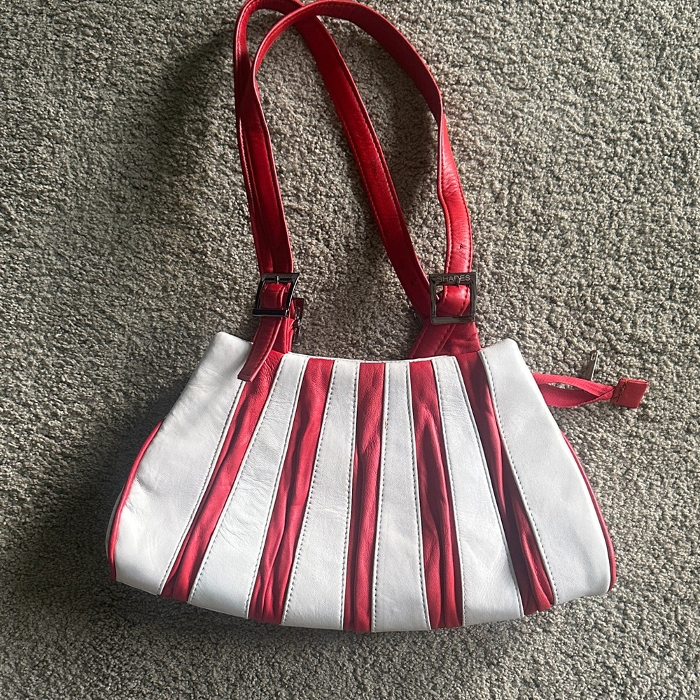 Red and White Striped Leather Women’s Shoulder Bag